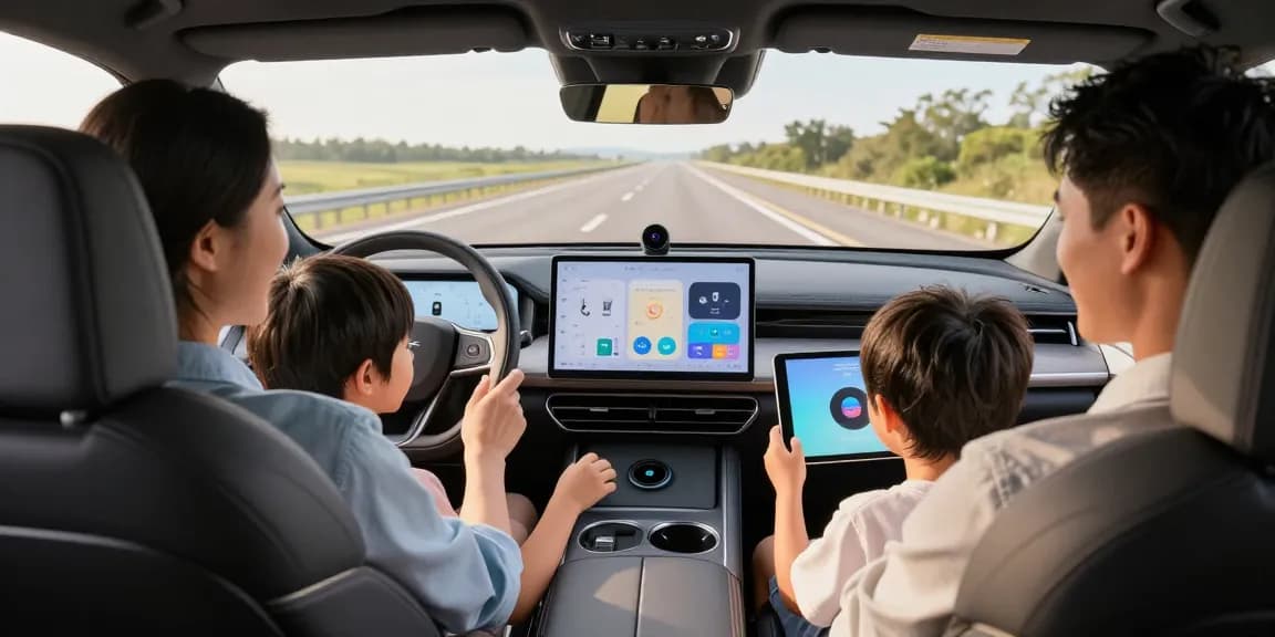 Family enjoying car accessories online, featuring wireless charging and infotainment system during a road trip.