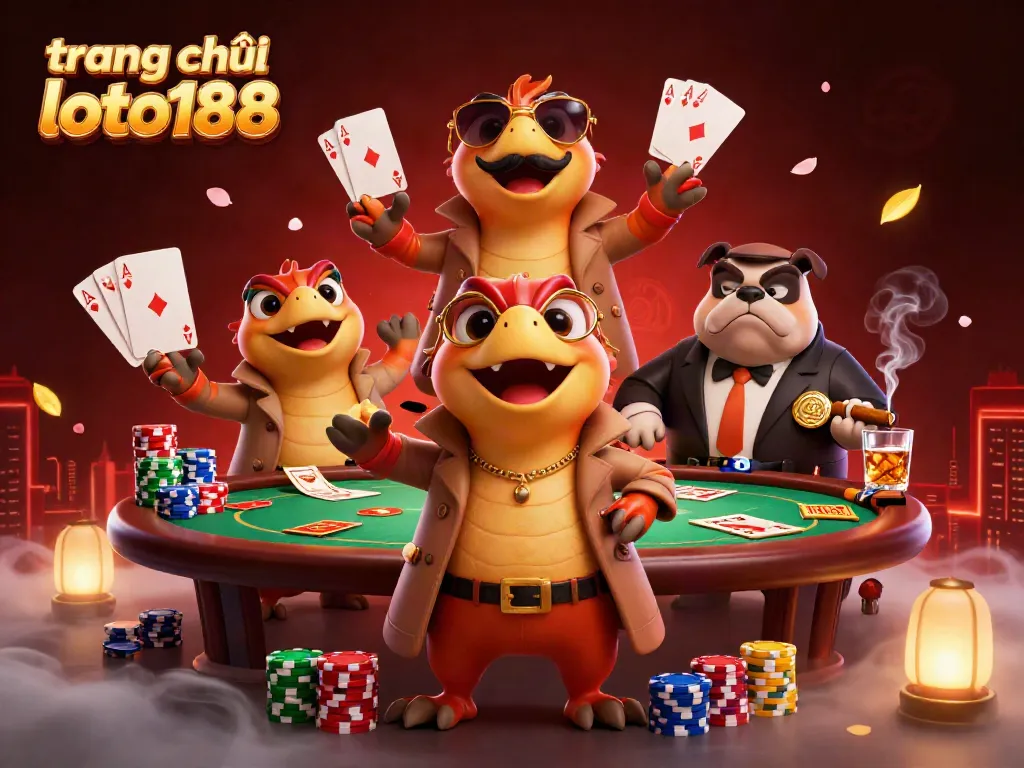Experience the vibrant atmosphere at trang chủ loto188 with cartoon raptors in a trench coat entering a casino.
