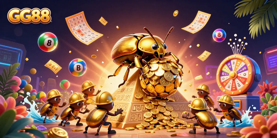 Experience the excitement of GG88 with a golden beetle and vibrant lottery elements in an engaging casino illustration.