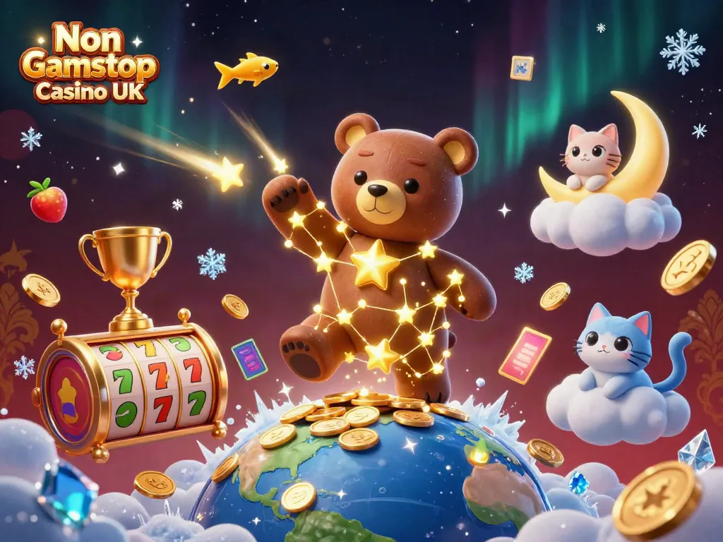 Experience the thrill of Non Gamstop Casino UK with an enchanting 3D scene filled with lively gambling elements.
