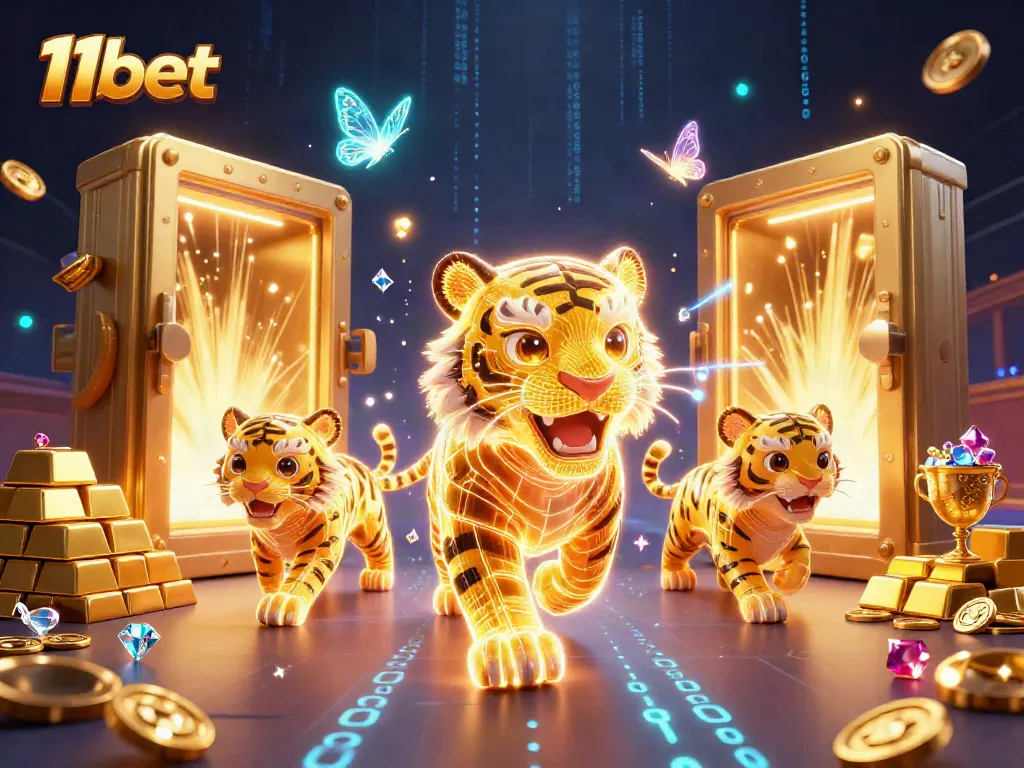 Engage with 11bet's electrifying casino universe featuring a neon golden tiger and treasure.