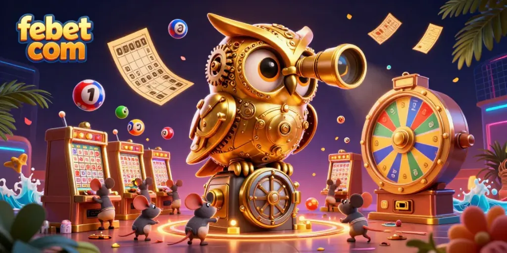 Experience excitement at febet com with a lively casino scene featuring a golden owl and lottery elements.