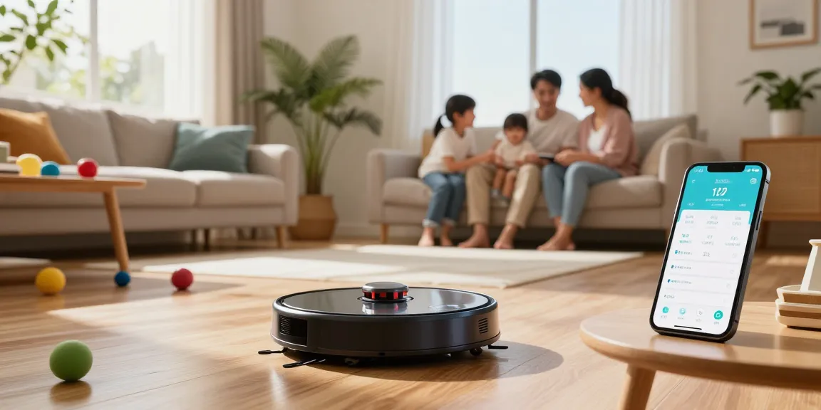 Family enjoying time together as the best robot vacuum 2026 cleans their living room, showcasing modern home technology.