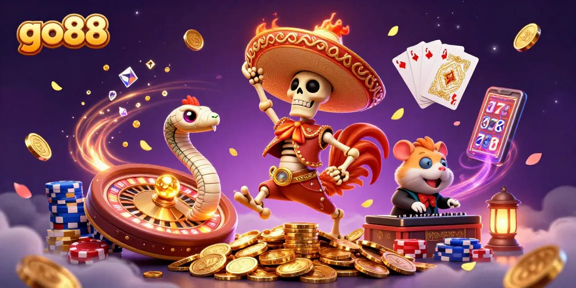Experience thrilling wins at go88 with epic characters celebrating on a treasure of gold coins.
