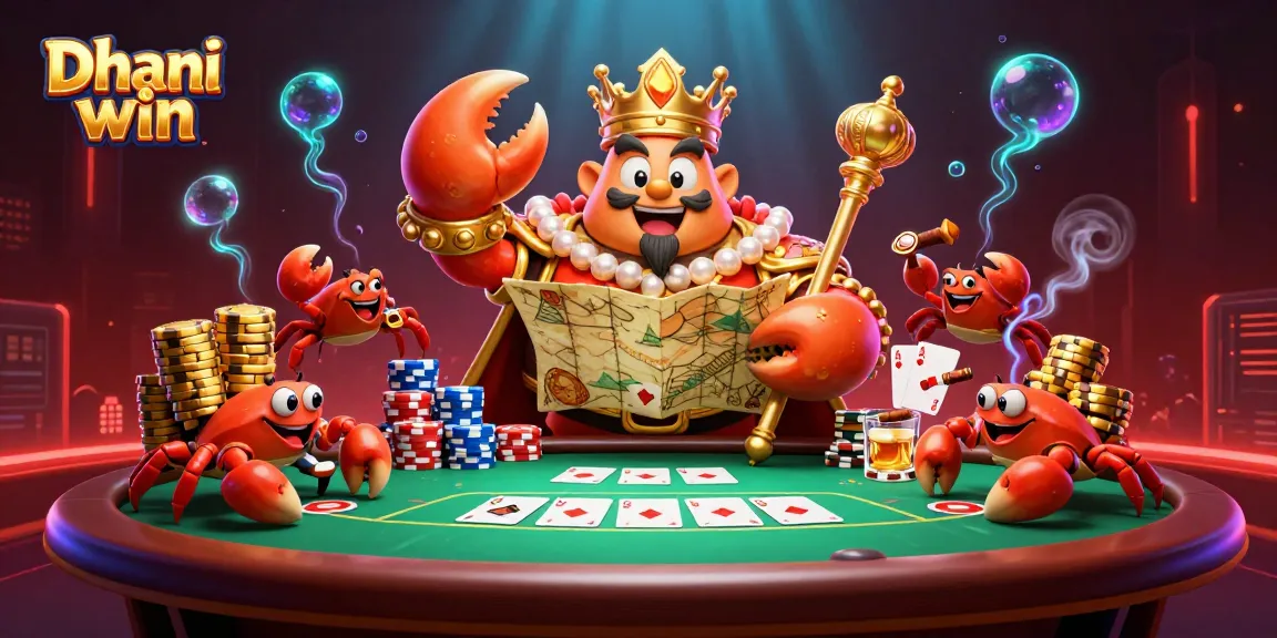 Dhani win shows a golden crab emperor ruling over a vibrant, detailed casino scene filled with poker chips and game elements.