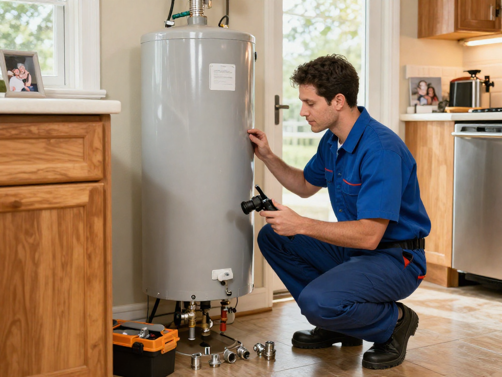 Expert plumber Fort Worth inspecting a water heater in a bright kitchen, showcasing residential plumbing services.