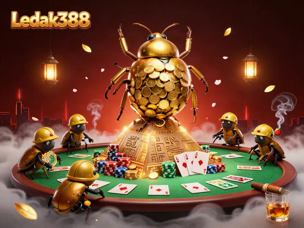 Engaging Ledak388 visual showcasing a golden beetle rolling coins in a vibrant casino-themed pyramid scene.