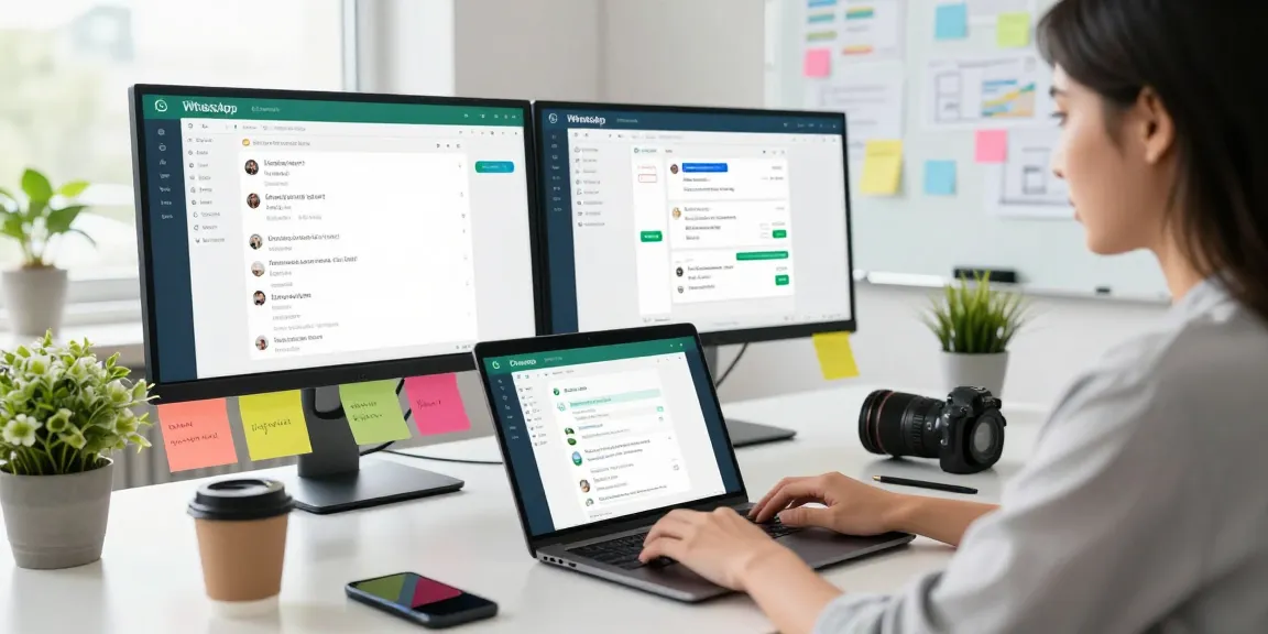 Accessing WhatsApp網頁版 on a sleek workspace with dual monitors and smartphone in a dynamic office.