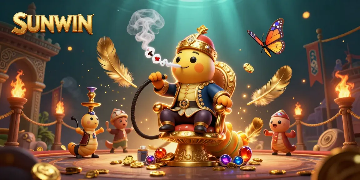 SUNWIN features an interactive 3D illustration of a caterpillar hookah-master in a vibrant casino scene.