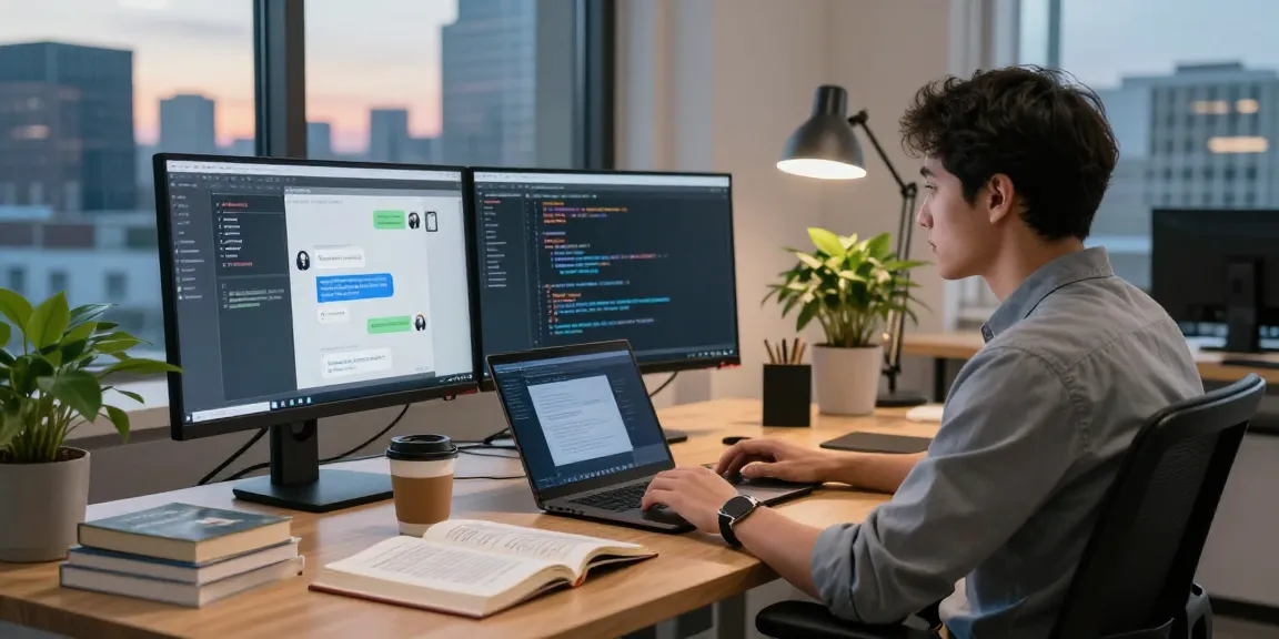 Dynamic workspace displaying a developer working on spicy chat ai chatbot algorithms amidst coding screens and tech resources.
