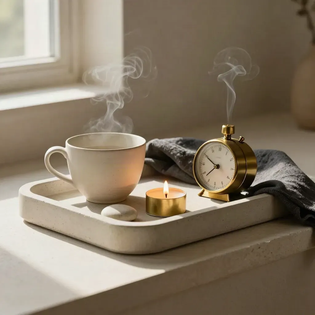 Tea tray with chamomile cup, candle, stone and brass timer in warm window light.