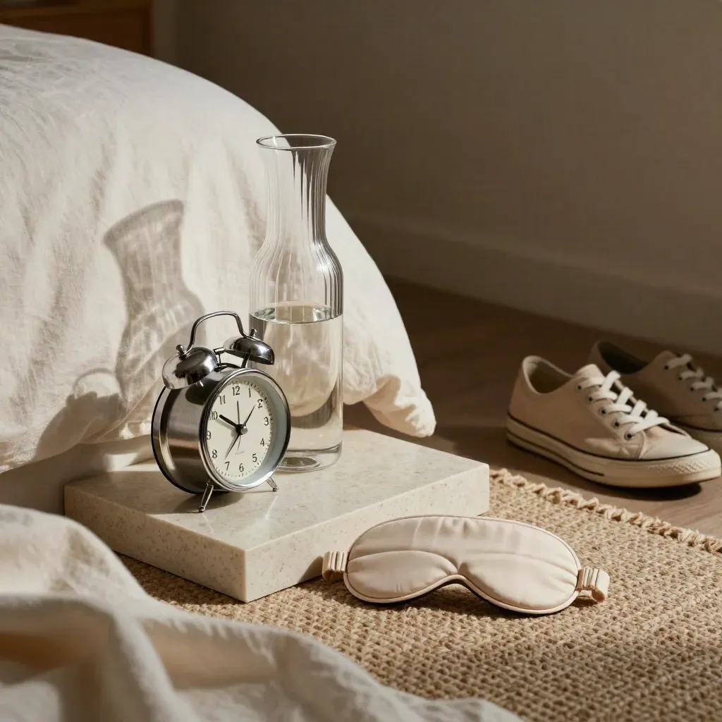 Bedside habit-reset kit with carafe, alarm clock, sleep mask and trainers in a plaster-walled bedroom.