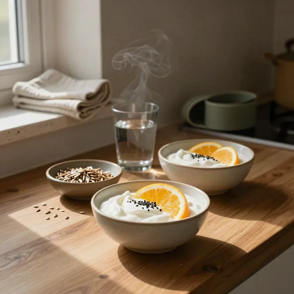 Breakfast bowl, citrus, seeds, water glass, linen napkin and yoga strap in a warm kitchen
