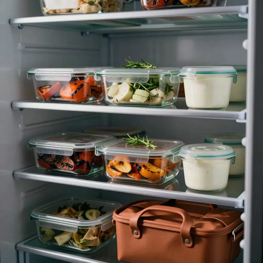 Meal-prep containers, grilled vegetables, herbs and yogurt jars on a fridge shelf with a tote below