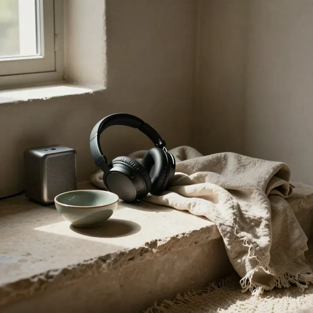 Headphones, speaker, ceramic bowl, and folded blanket in a moody mindfulness corner