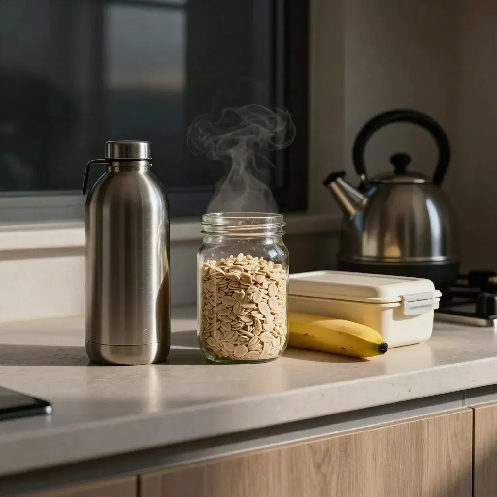 Pre-dawn meal kit on a kitchen counter beside a kettle, ready for a long shift.