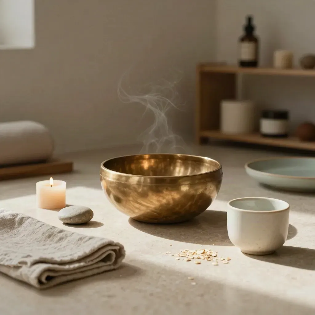 Brass singing bowl and wellness objects on travertine in a moody studio corner.