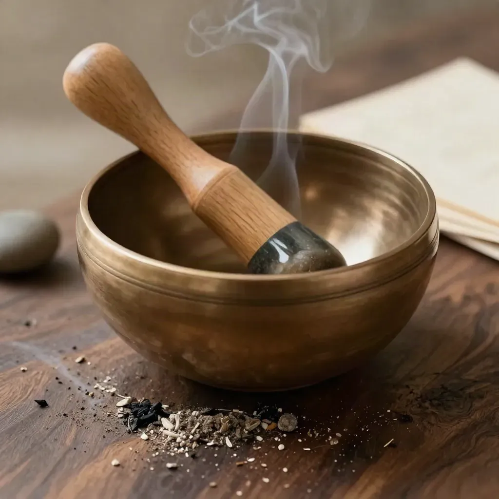 Macro still life of a singing bowl, striker, pebble, ash and incense haze on dark wood.