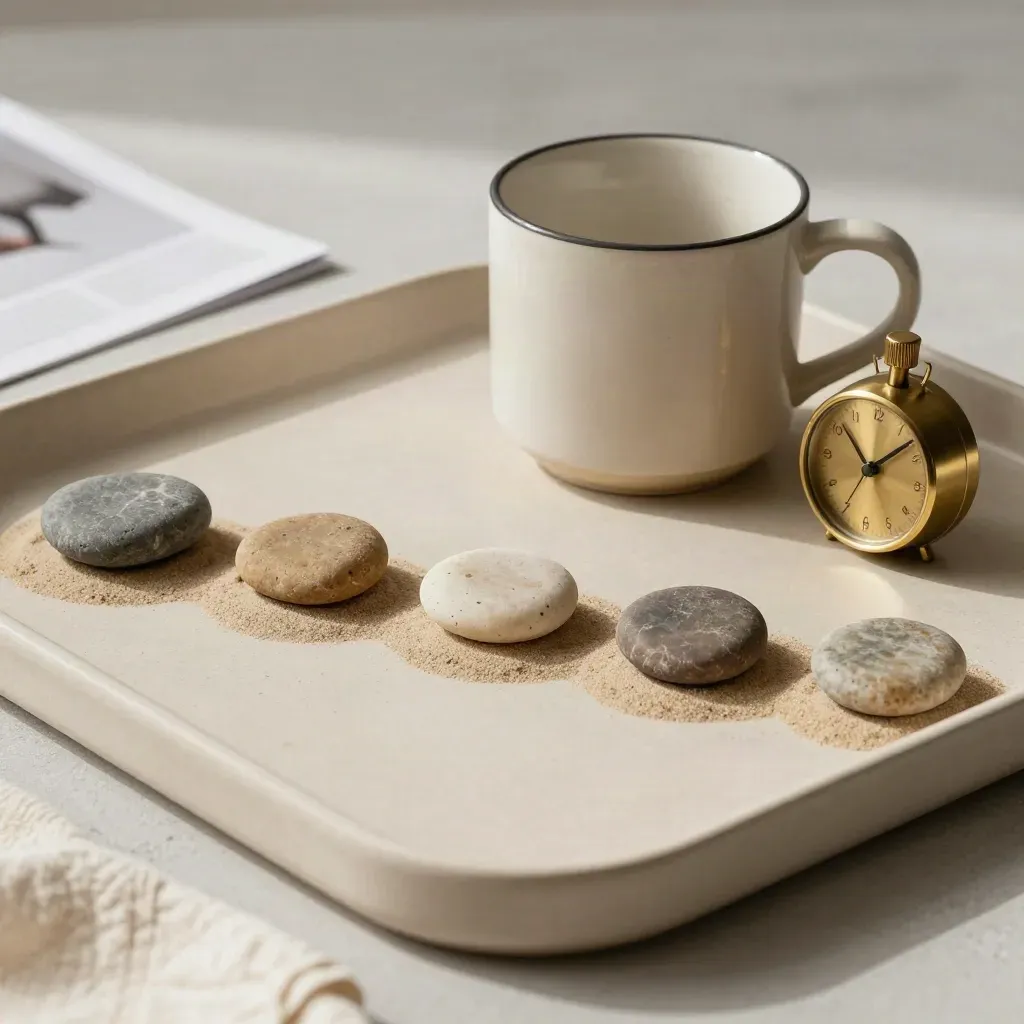 Overhead flatlay of stones, brass timer and ceramic mug on a sand tray.