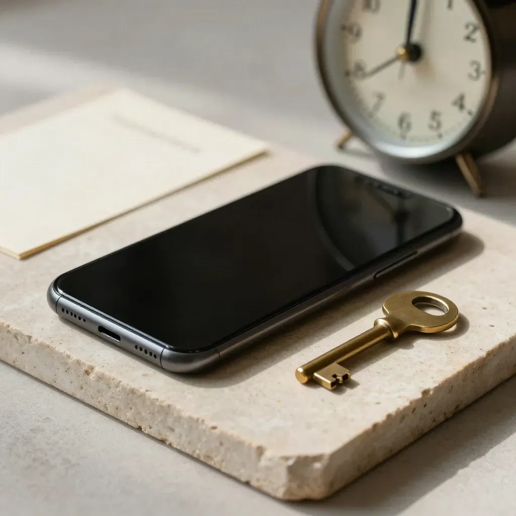 Face-down phone, brass key and round clock on pale stone, lit softly from one side.