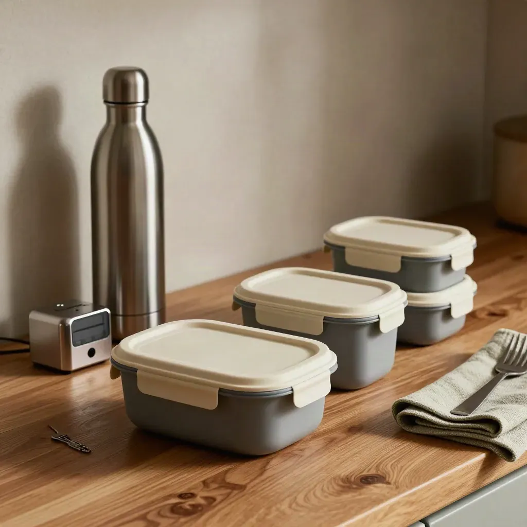 Meal containers, timer, water bottle and cloth bag arranged on a warm oak counter.