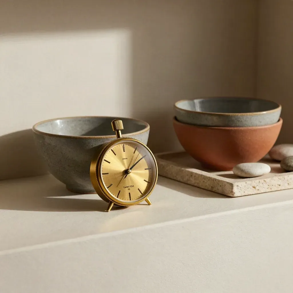 Brass timer, ceramic bowls and pebbles on a plaster shelf in soft directional light.
