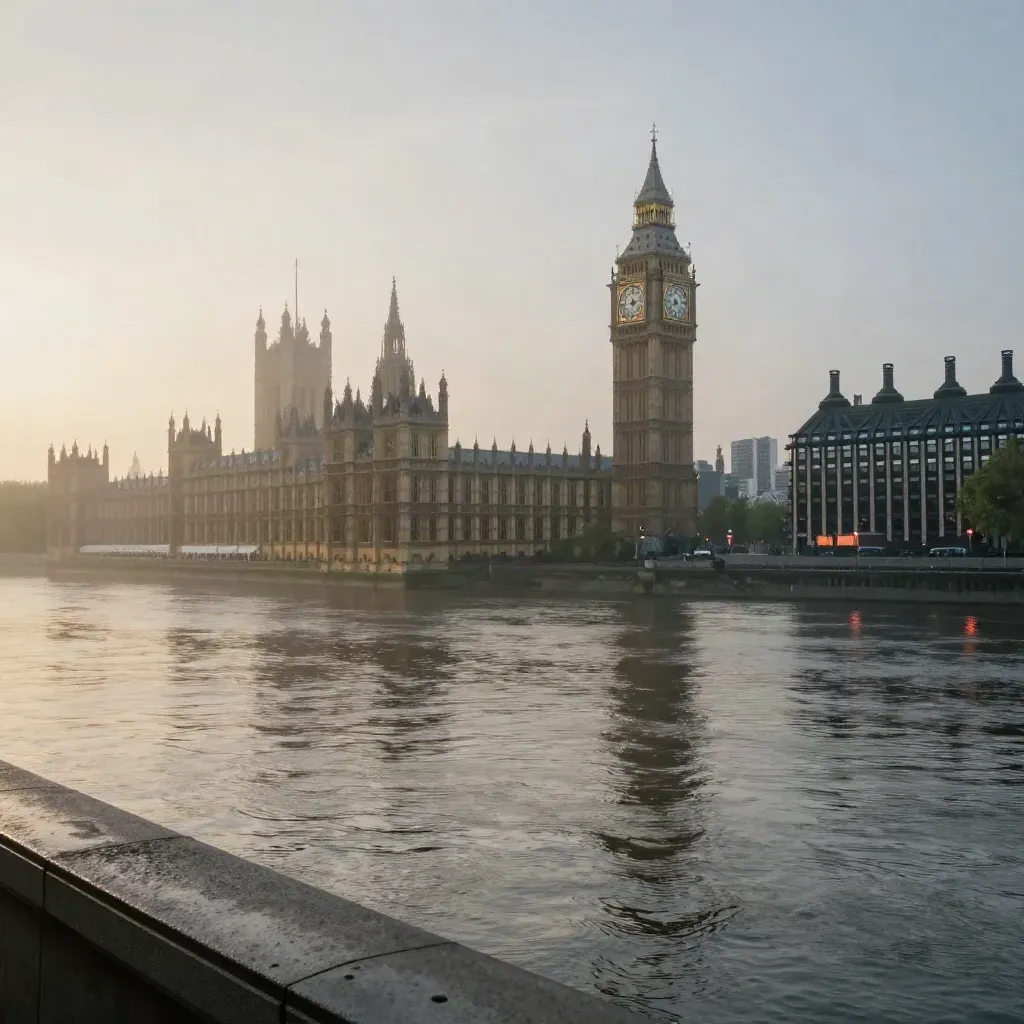 Westminster and the Thames at blue hour, with misty river and warm city lights.
