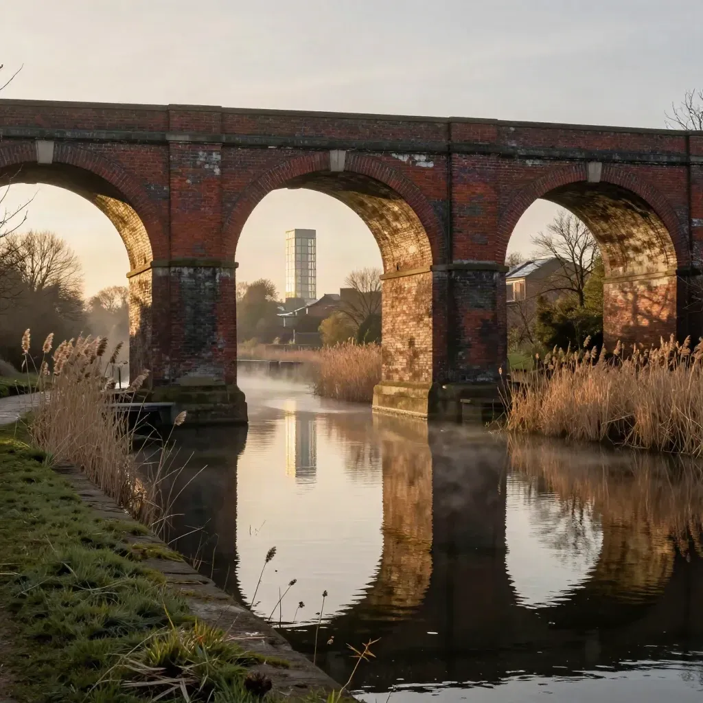 Birmingham canal arches and a distant glass tower over still water in warm golden haze