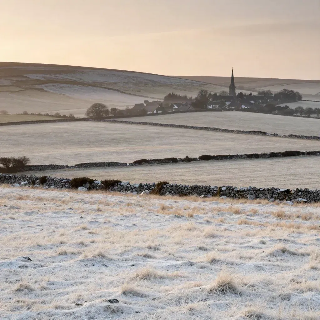 Chalk downland and flint hedgerows with a distant spire in warm sea haze