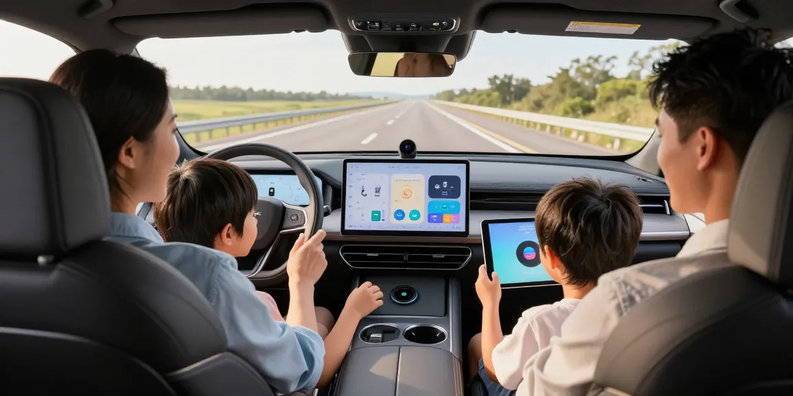 Family enjoying car accessories online, featuring wireless charging and infotainment system during a road trip.
