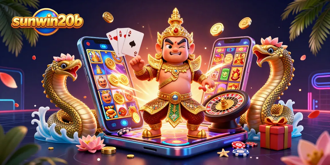 Experience the excitement of sunwin20b with a vibrant 3D casino scene featuring dynamic gaming elements.