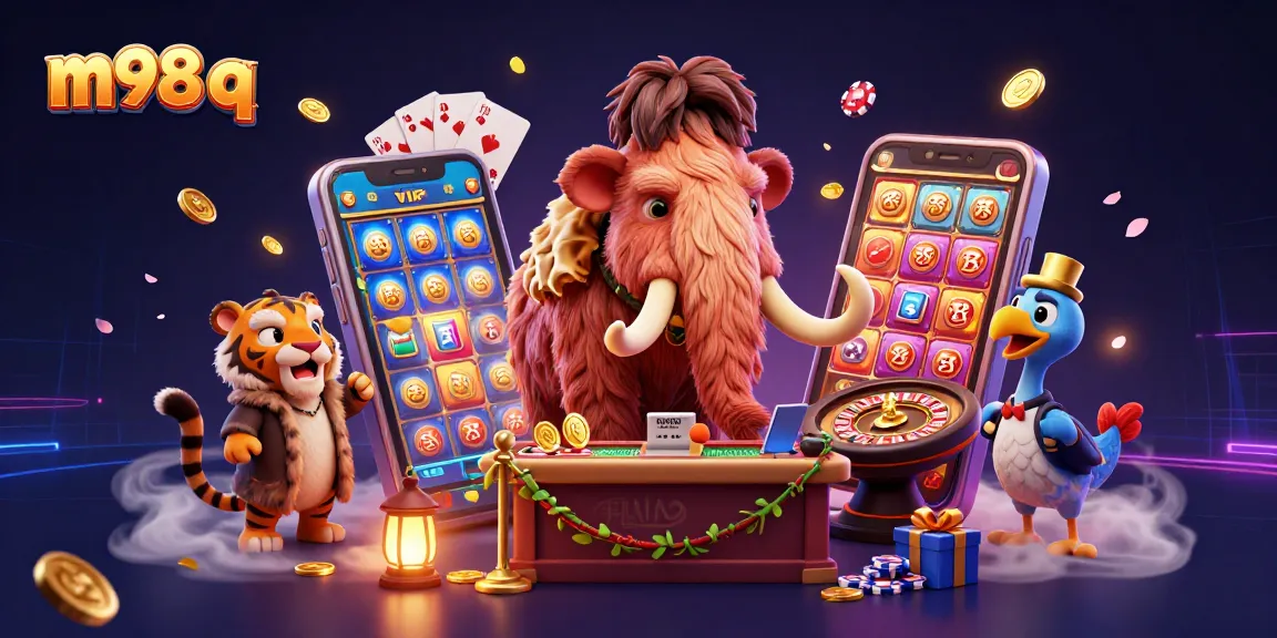 Experience m98 q with a vibrant casino scene featuring a woolly mammoth bouncer and slot games