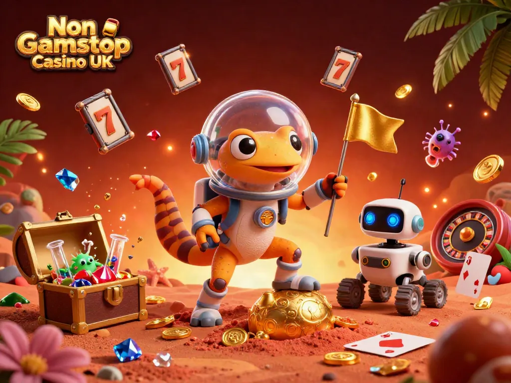 Experience the thrill of Non Gamstop Casino UK with a Martian gecko discovering a golden casino amidst vibrant gaming elements.