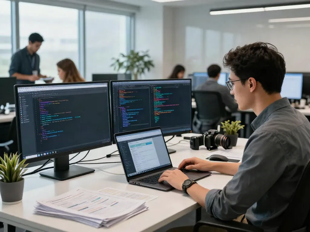 Tech professional utilizing instant indexing tools in a modern office workspace.