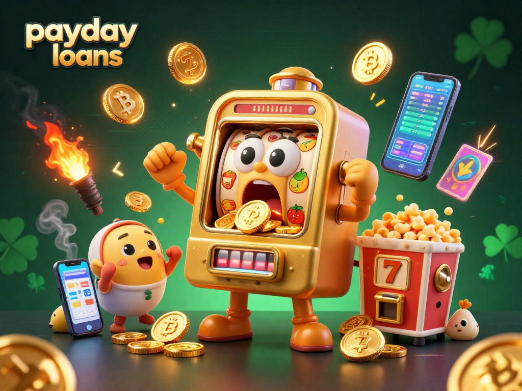 Payday loans animation with a golden slot machine winning and coins spilling, showcasing vibrant casino elements.