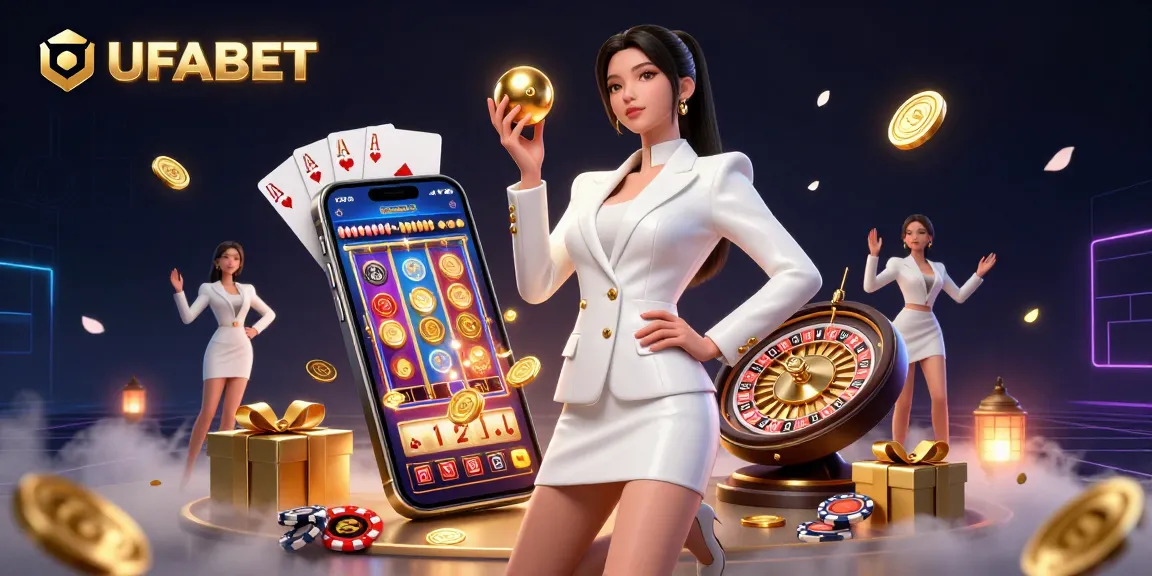 Experience thrilling gaming at UFABET with a glamorous Asian woman showcasing a roulette ball amidst stunning casino elements.