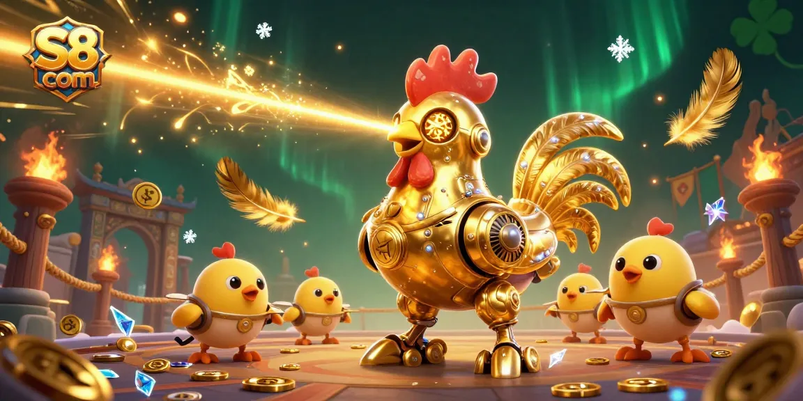 Experience the thrill at S8 com with a dynamic illustration of a golden rooster robot amidst vibrant gaming elements.