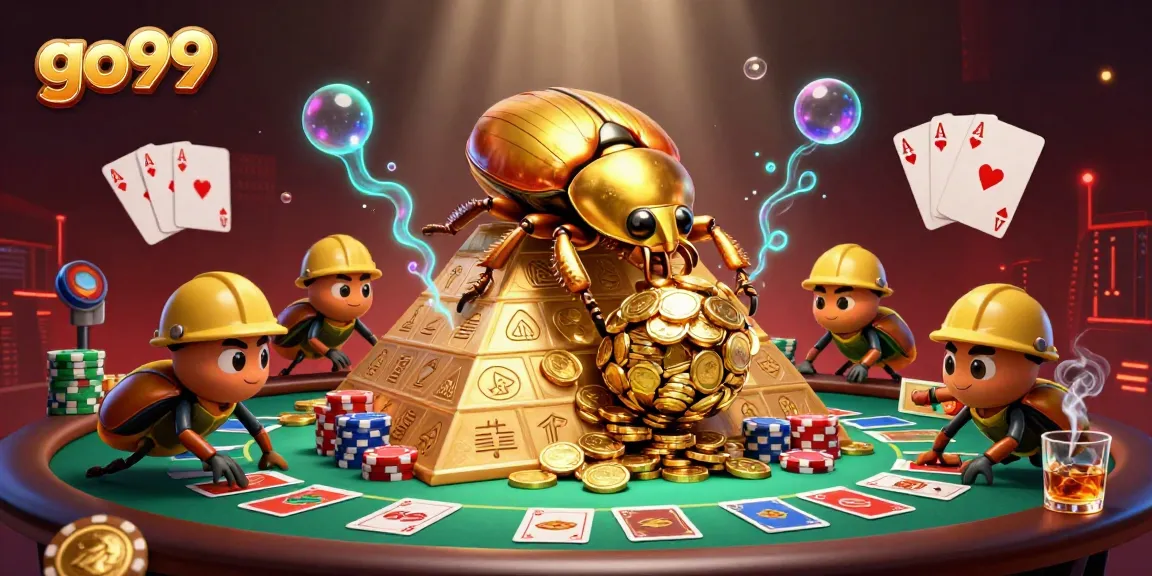 Engage with go99 as a golden beetle rolls in a dynamic casino illustration.