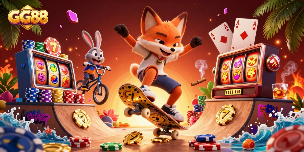 Experience the excitement with GG88 as playful characters celebrate wins amidst vibrant casino-themed visuals.