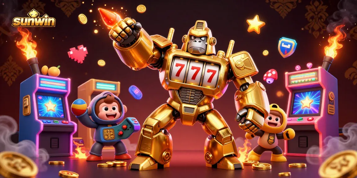 Experience thrilling gameplay with Sunwin, featuring a powerful golden gorilla mech amidst dynamic slot machines.